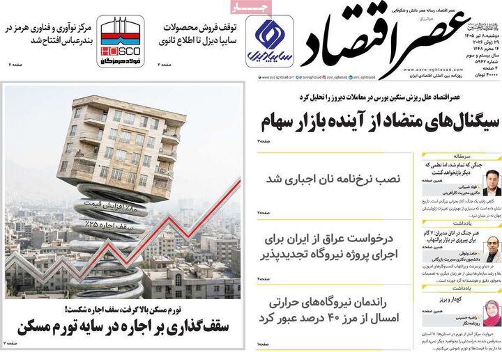 صفحه اول روزنامه های اقتصادی ۸ تیر ۱۴۰۵