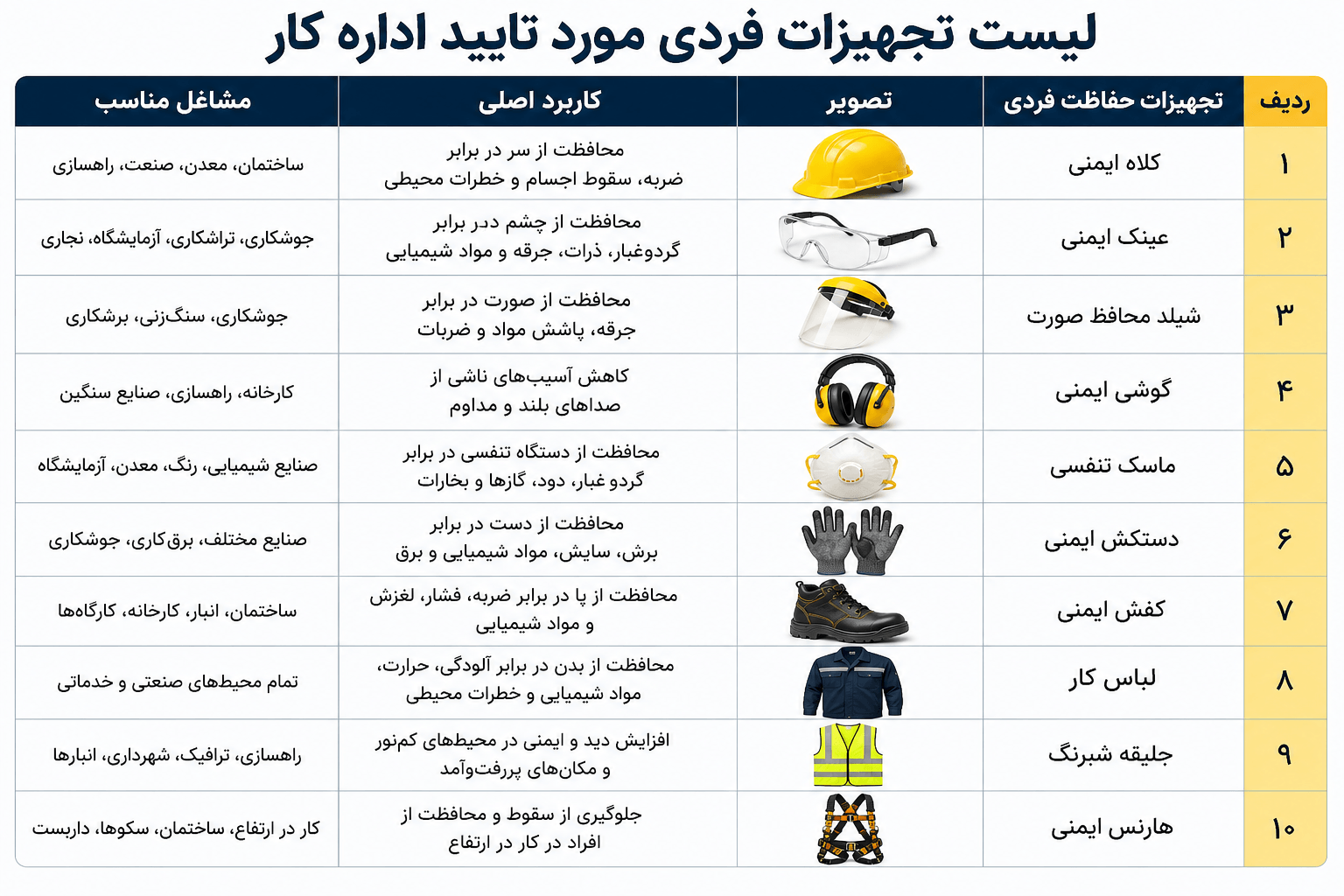 لیست تجهیزات حفاظت فردی مورد تایید اداره کار؛ راهنمای کامل انتخاب تجهیزات حفاظت فردی استان لیست تجهیزات حفاظت فردی مورد تایید اداره کار؛ راهنمای کامل انتخاب تجهیزات حفاظت فردی استان