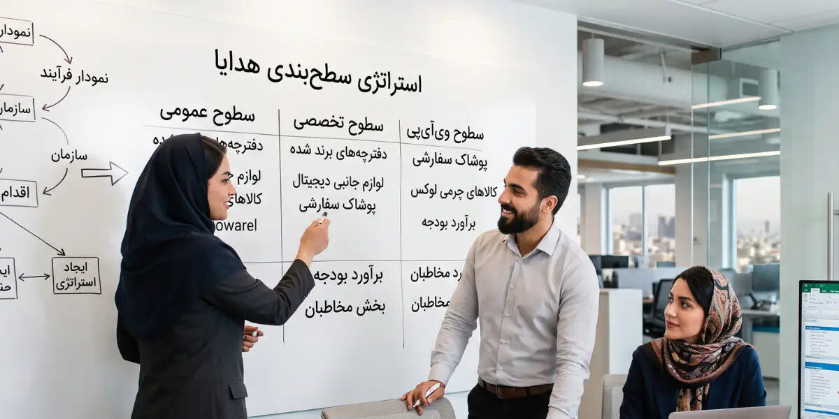 تیم مارکتینگ در حال برنامه‌ریزی استراتژی سطح‌بندی هدایای سازمانی روی تخته‌سفید