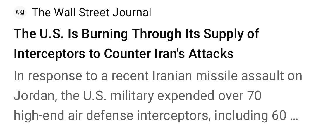 وال‌استریت‌ژورنال: آمریکا برای مقابله با ۲۰ موشک ایران بیش از ۷۰ رهگیر شلیک کرد