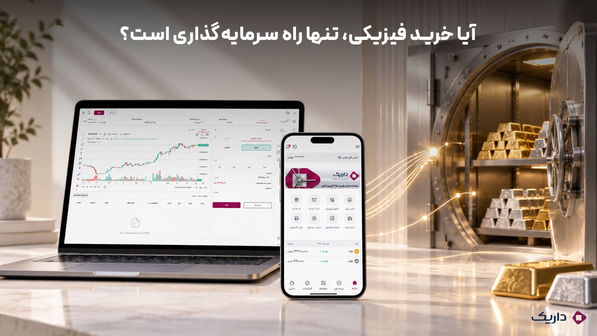 تصویر مفهومی از ارتباط میان معامله آنلاین طلا و نقره با نگهداری فیزیکی دارایی در انبار هوشمند فلزات گران‌بها