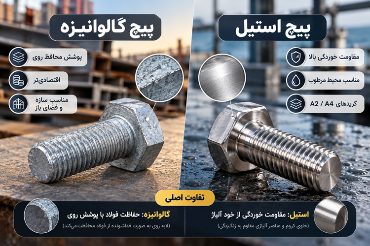 مقایسه پیچ استیل با گالوانیزه؛ کدام انتخاب بهتری است؟