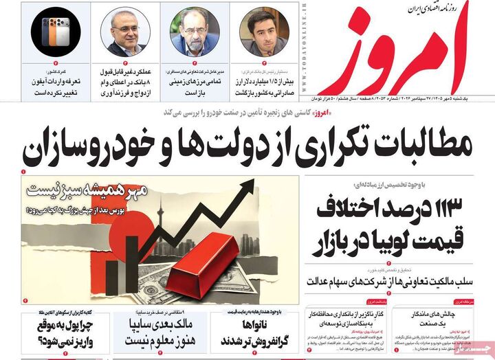 صفحه اول روزنامه های اقتصادی ۵ مهر ۱۴۰۵