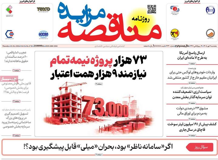 صفحه اول روزنامه های اقتصادی ۹ مهر ۱۴۰۵
