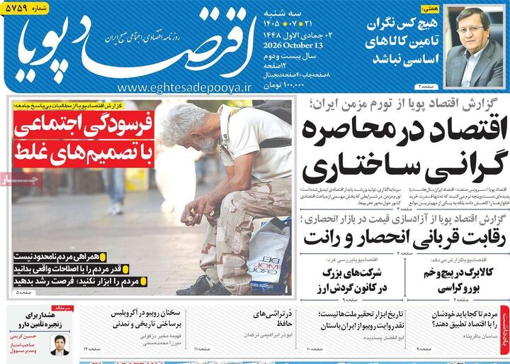 صفحه اول روزنامه های اقتصادی ۲۱ مهر ۱۴۰۵