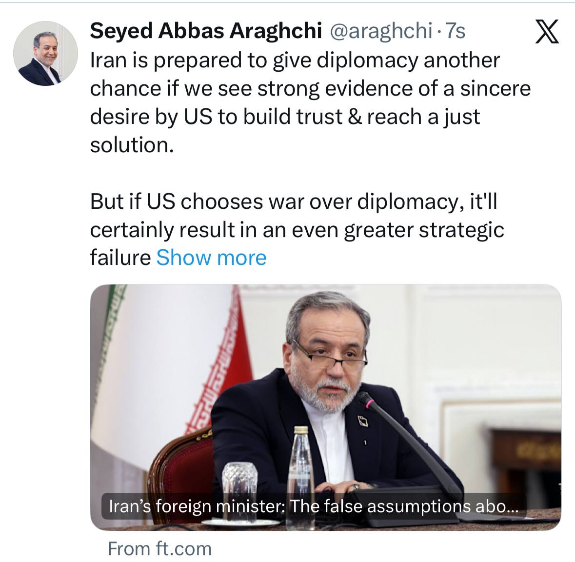 عراقچی: اگر آمریکا جنگ را به دیپلماسی ترجیح دهد، قطعاً دچار شکست راهبردی بزرگ‌تر خواهد شد