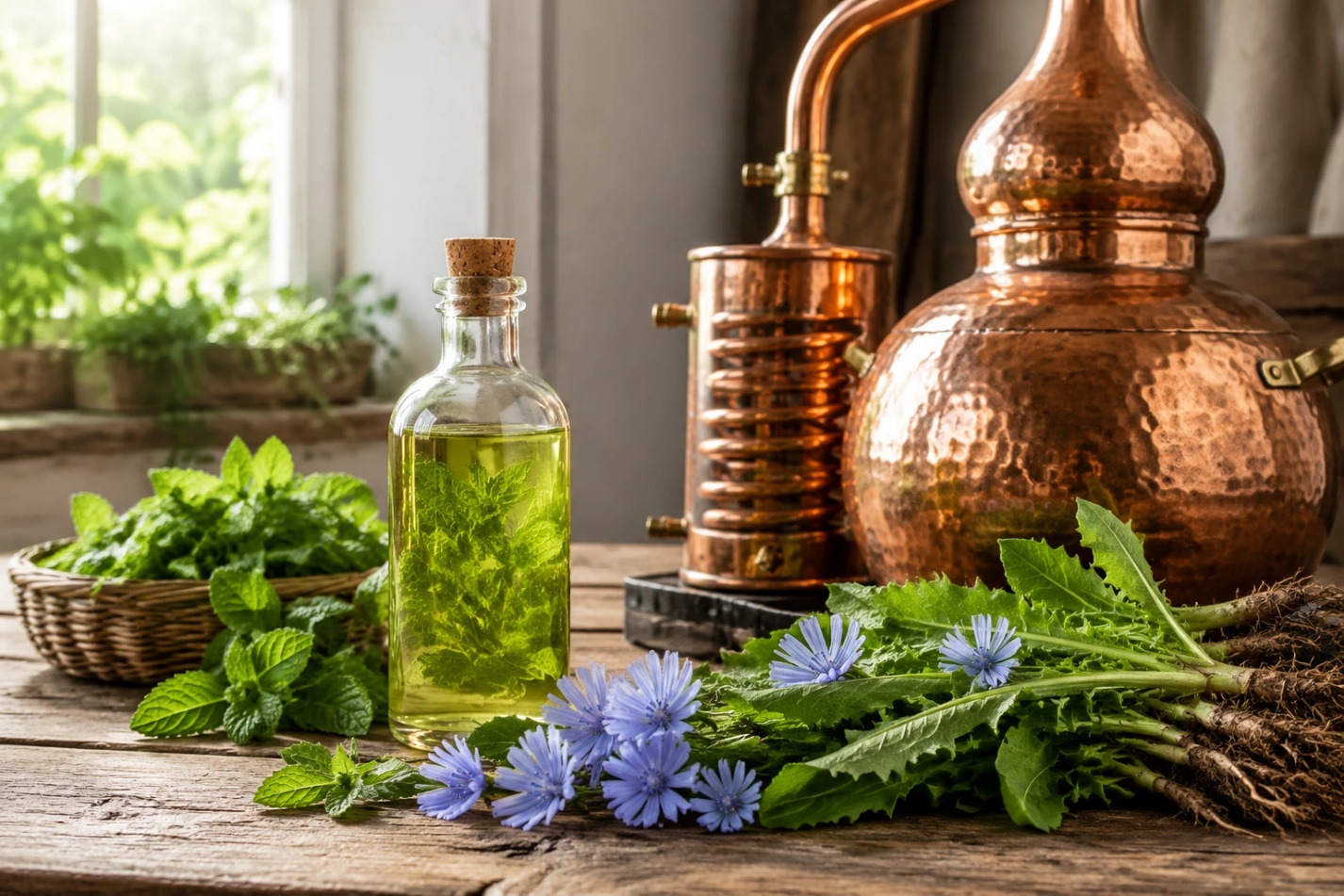 بطریهای شیشهای عرقیات سنتی گلدشت در کنار گیاهان دارویی تازه